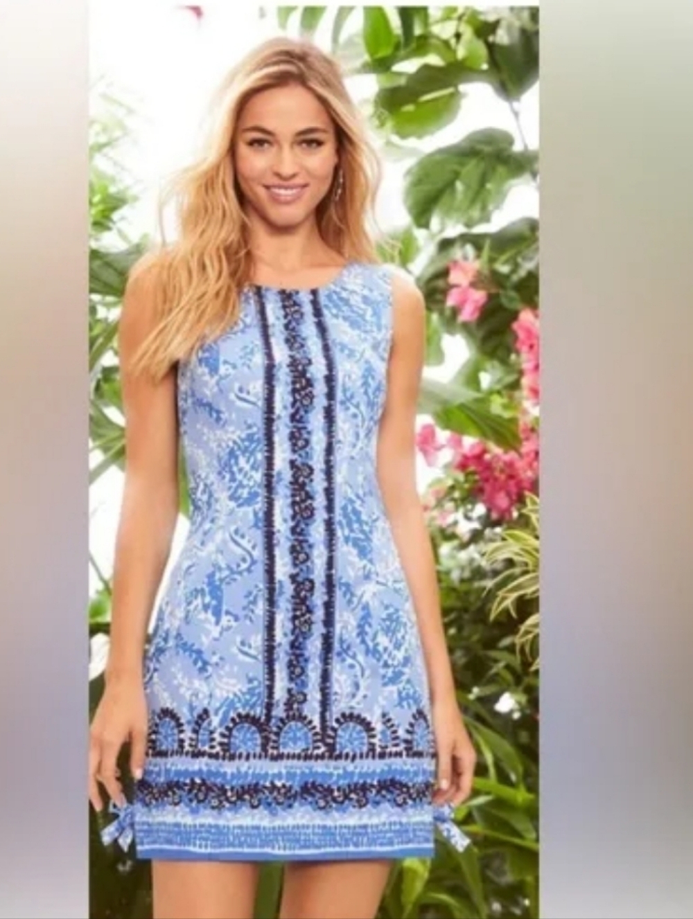 Lilly Pulitzer Blue and White Sleeveless Midi Dress with Navy Trim